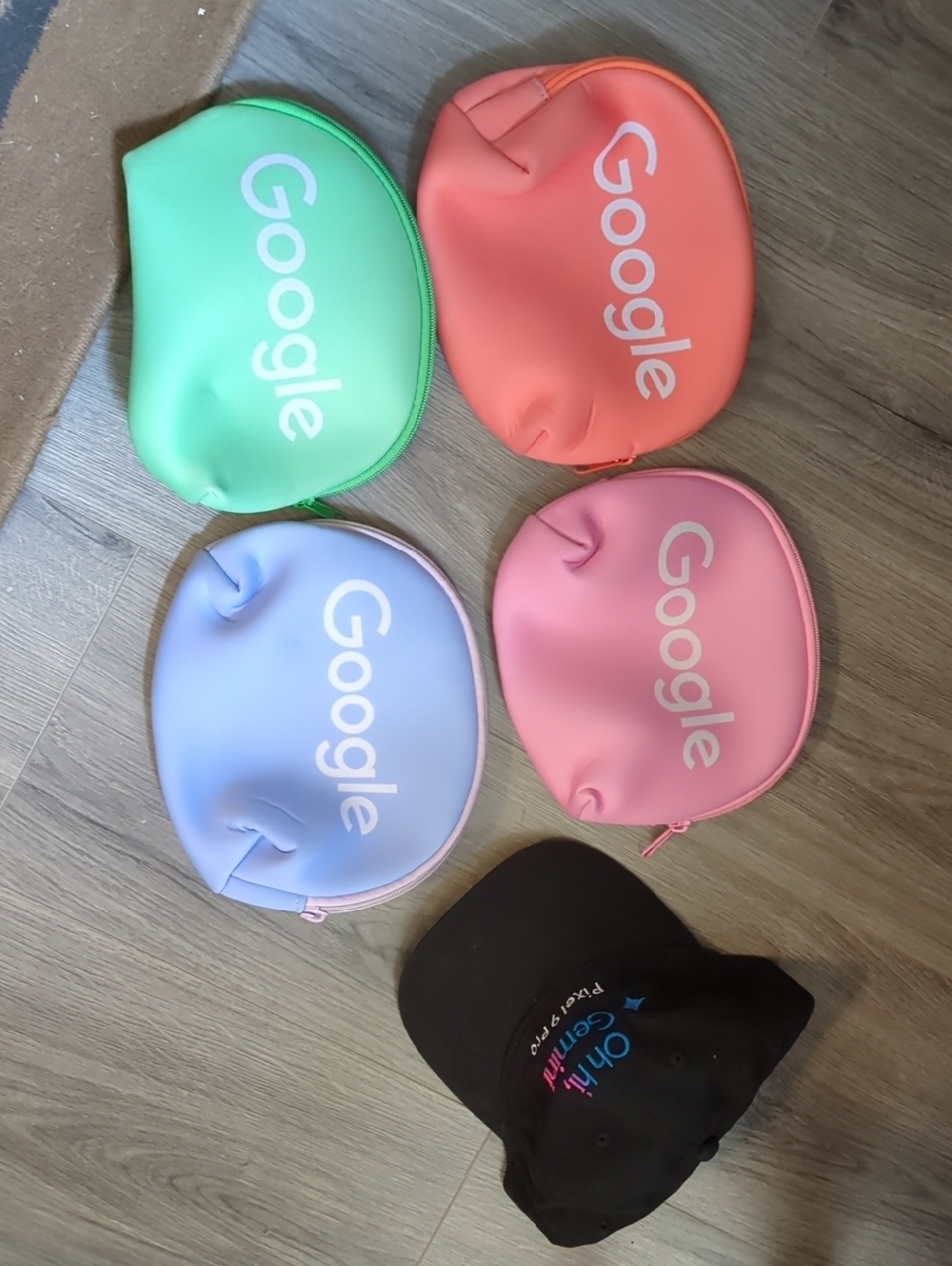 Google Small Pouches in Green, Coral, Lilac, Pink with Google Hat